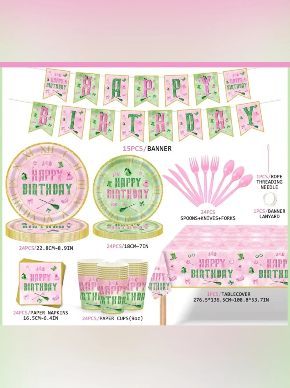 Wicked Party Tableware Set for 24- Pink & Mint Green Happy Birthday Collection